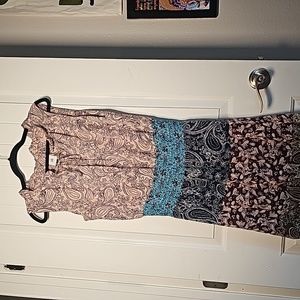CAbi sm floral/paisley cream/teal/burgundy/blue/olive green knee length dress